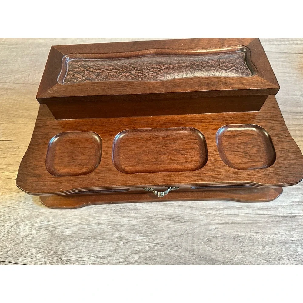 Vintage Wooden Valet Jewelry Box Ring Organizer W/ Drawer Tray London Leather